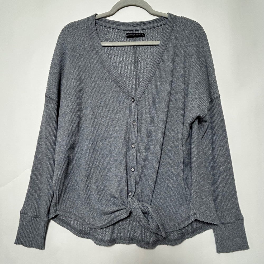 Abercrombie & Fitch Cardigan Womens M Blue Ribbed Knit Tie Front Casual Core